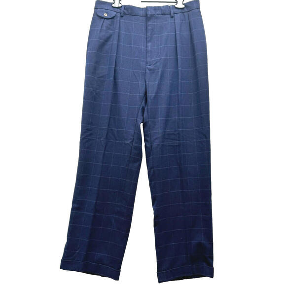 VTG Polo Golf Ralph Lauren Men's 38x34 Navy Blue Plaid Cuffed Trousers